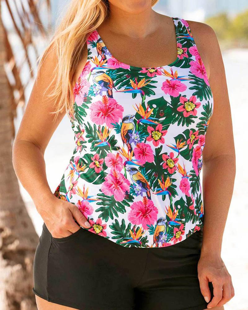 

Plus Size Tropical Print Pocket Detail Tankini Set, Pink