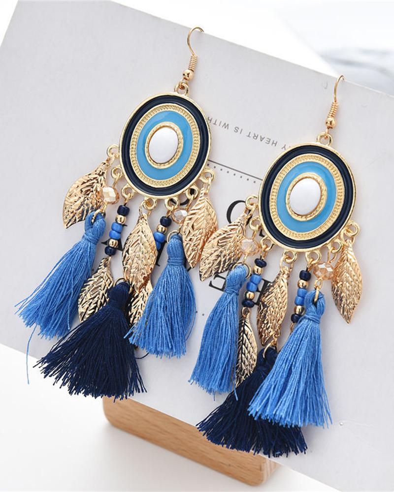 

1Pair Bohemian Vintage Leaf Tassel Design Hook Earrings, Blue