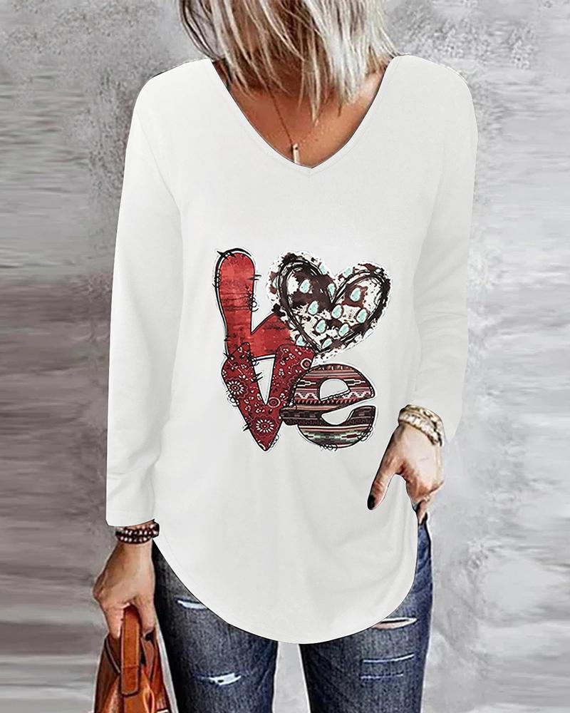 

Letter Heart Print Long Sleeve Top, White