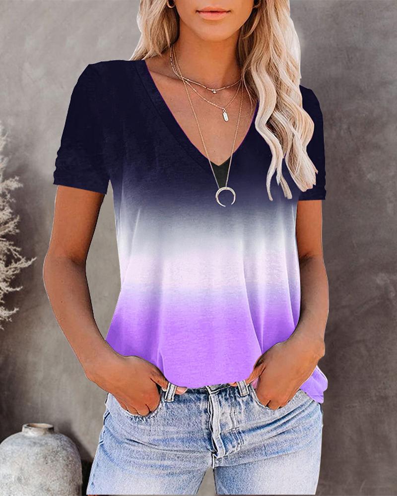 

Ombre V-Neck Short Sleeve Casual T-shirt, Purple