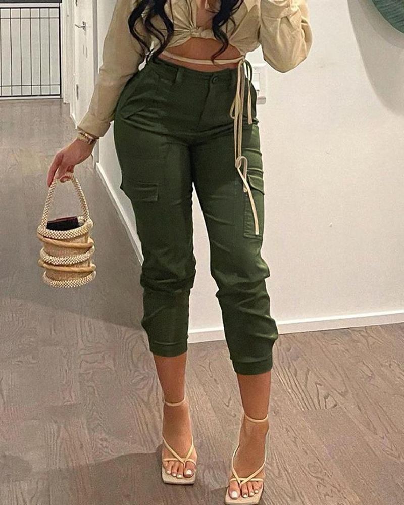 

Single Button Pocket Design Casual Pants, Green