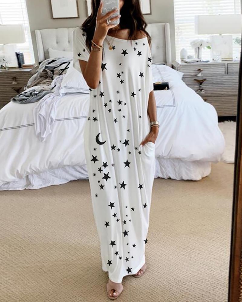 

Short Sleeve Stars Print Casual Dress, White