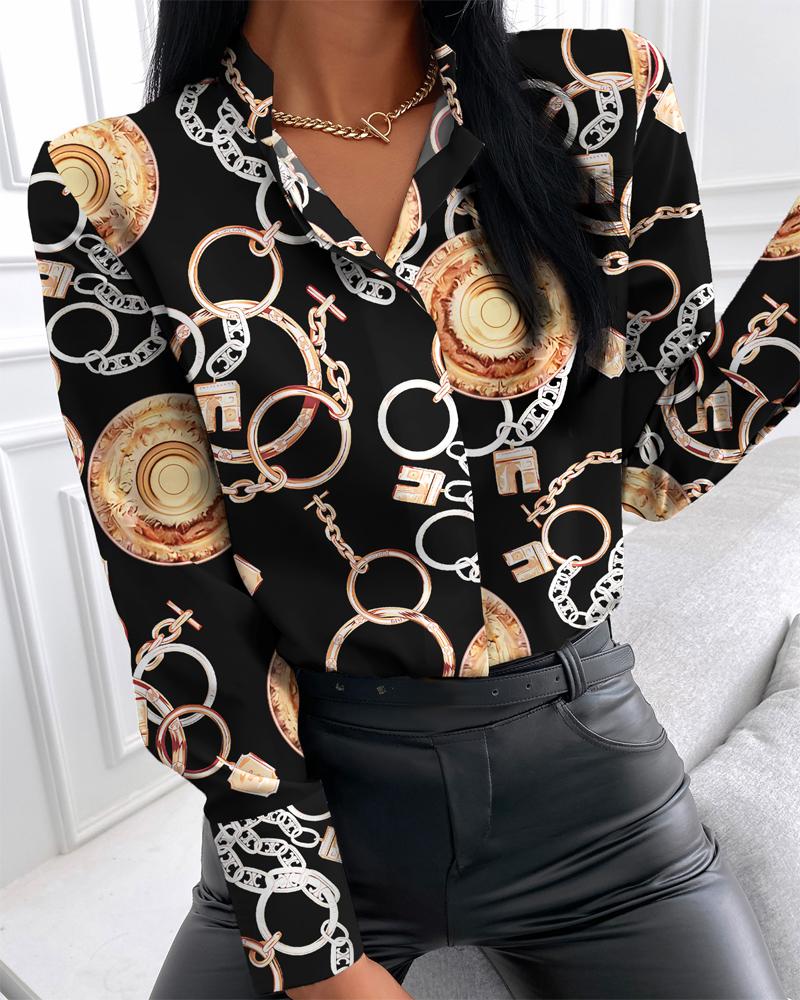 

Baroque Scarf Print Long Sleeve Button Down Shirt, Black