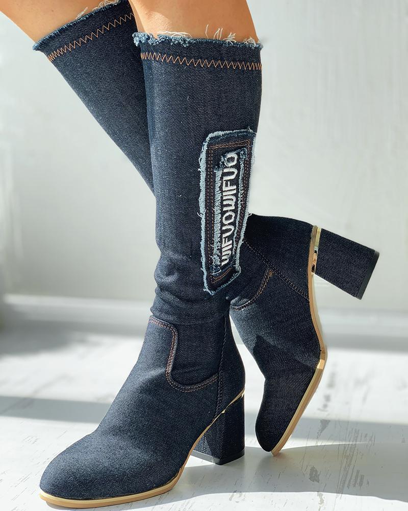 

Letter Embroidery Fringe Hem Denim Chunky Long Boots, Blue