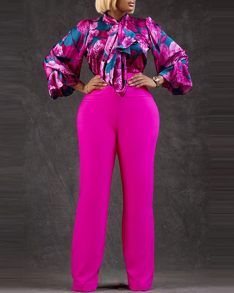 

Floral Print Lantern Sleeve Shirt & Wide Leg Pants Set, Hot pink