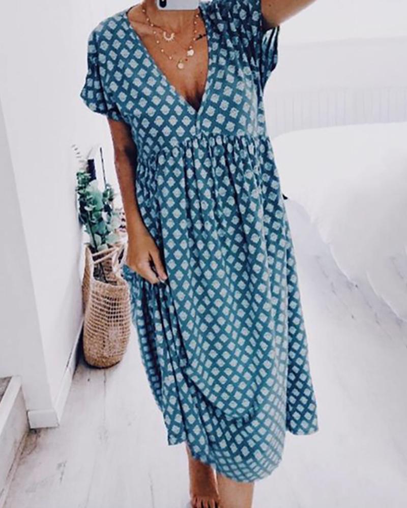 

Retro Print Pocket Design Plunge Casual Women Dress, Blue