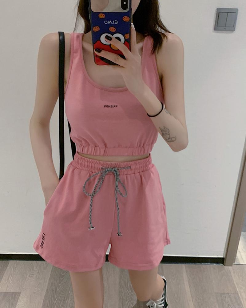 

Solid Letter Print Sleeveless Loose Tanks With Shorts Suit Sets, Pink