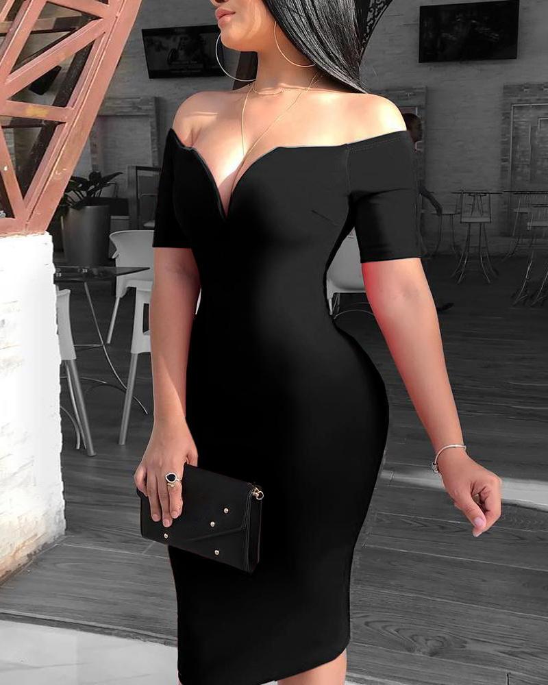 

Solid Off Shoulder Short Sleeve Midi Dress, Black