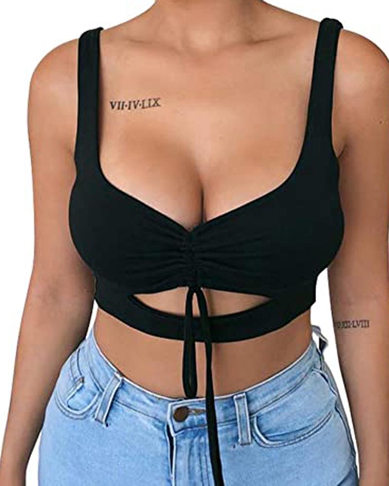 

Drawstring Ruched Cutout Front Crop Women Top, Black