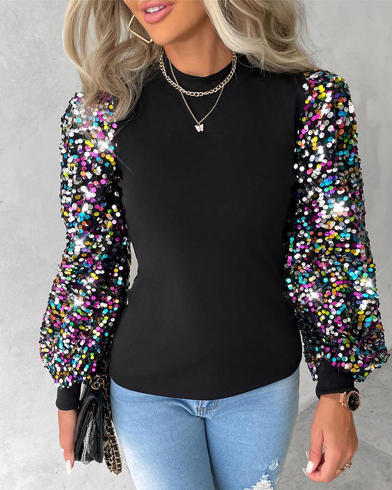 

Colorful Sequins Lantern Sleeve Top, Black