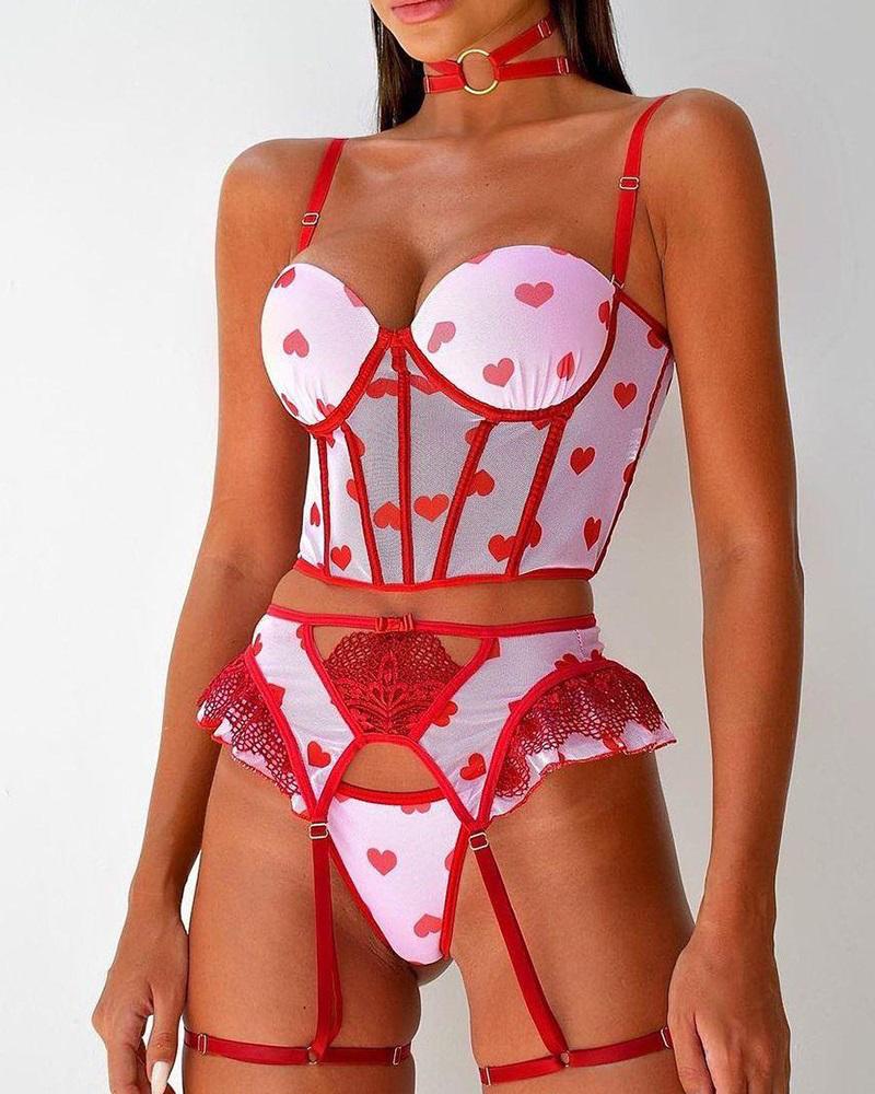 

Heart Print Contrast Lace Garter Lingerie Set With Choker, Red