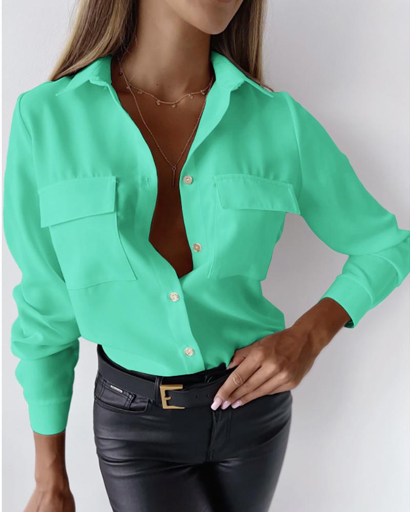 

Long Sleeve Buttoned Pocket Design Top, Light green
