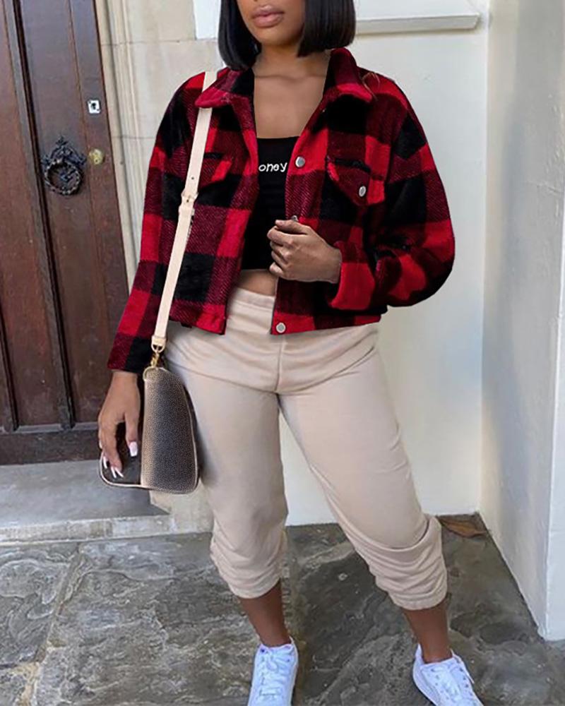 

Plaid Print Buttoned Long Sleeve Shacket, Red