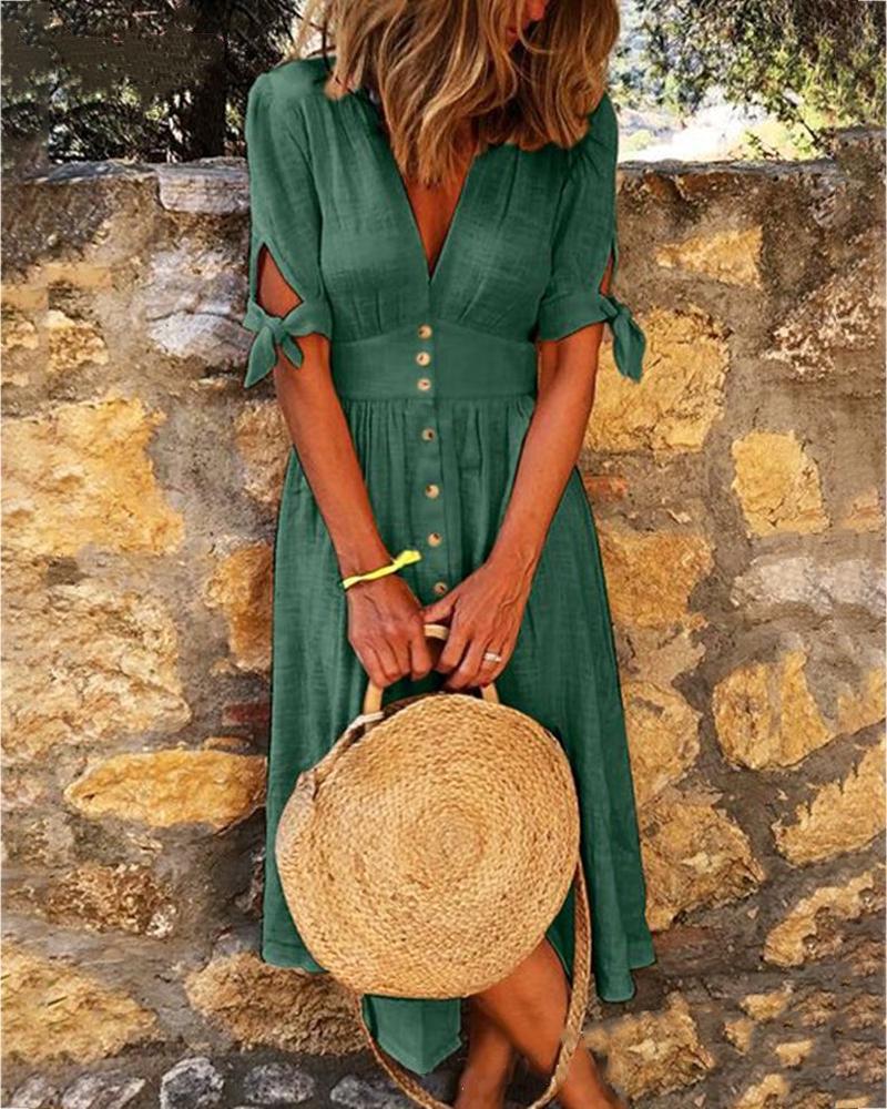 

Solid V-neck Half Sleeve Casual Women Dress, Green