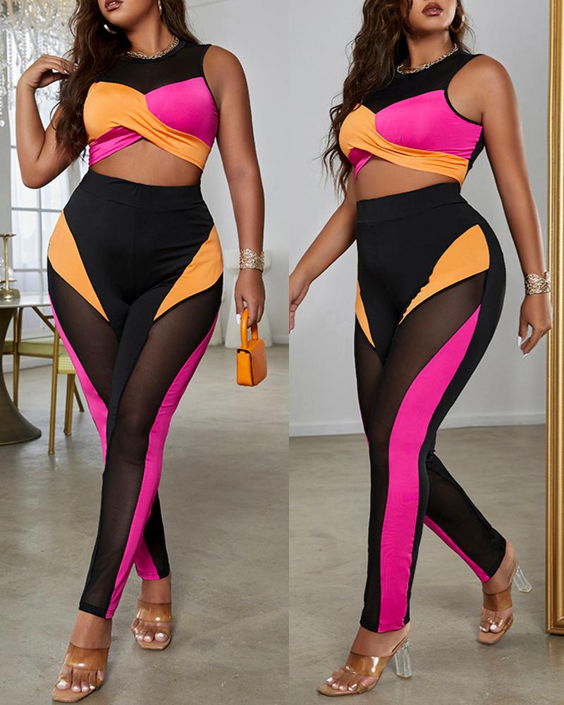 

Colorblock Contrast Mesh Crop Top & High Waist Pants Set, Black