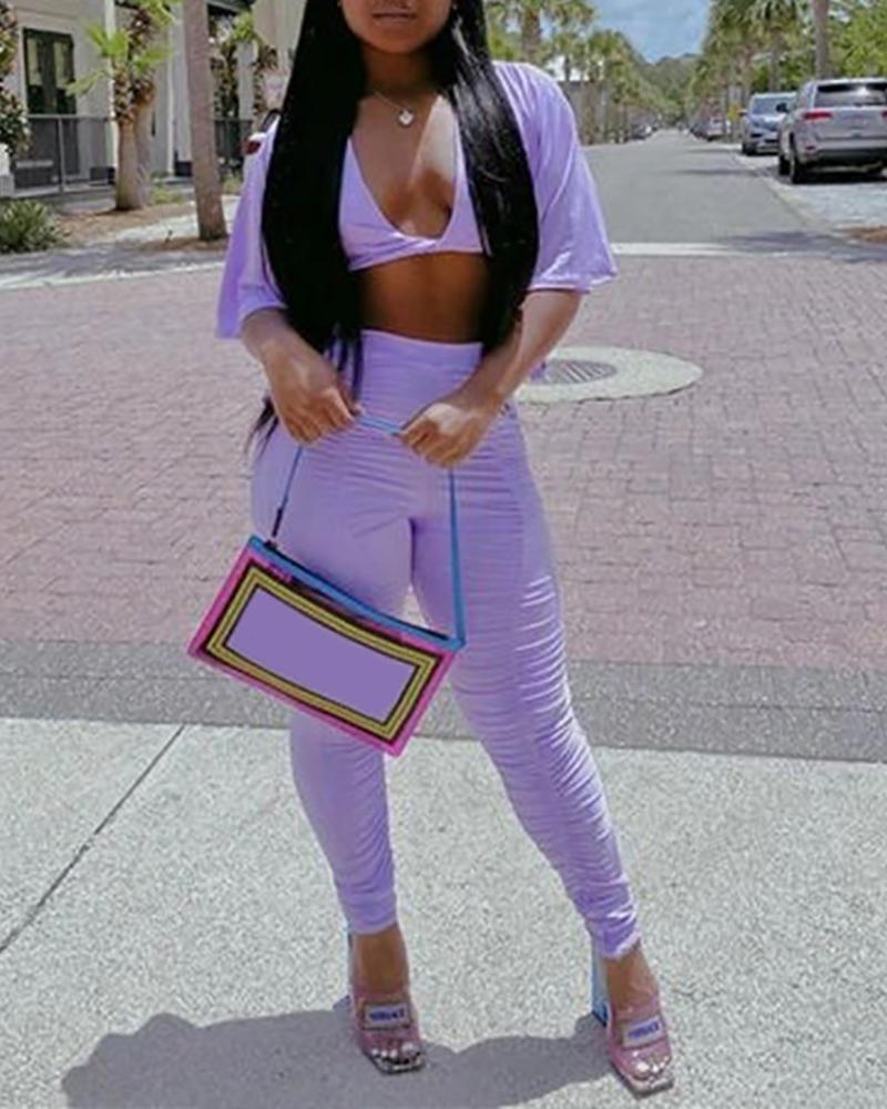 

Bell Sleeve Twisted Top & Ruched High Waist Pants Set, Purple