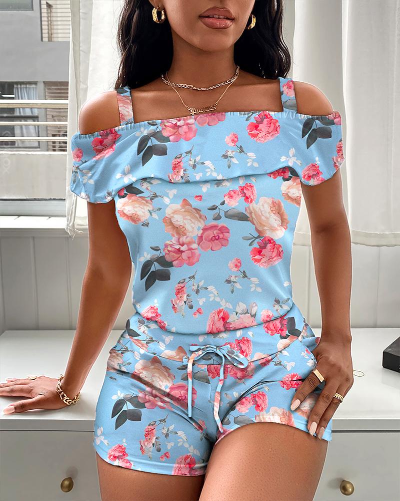 

Floral Print Cold Shoulder Top & Shorts Set, Blue
