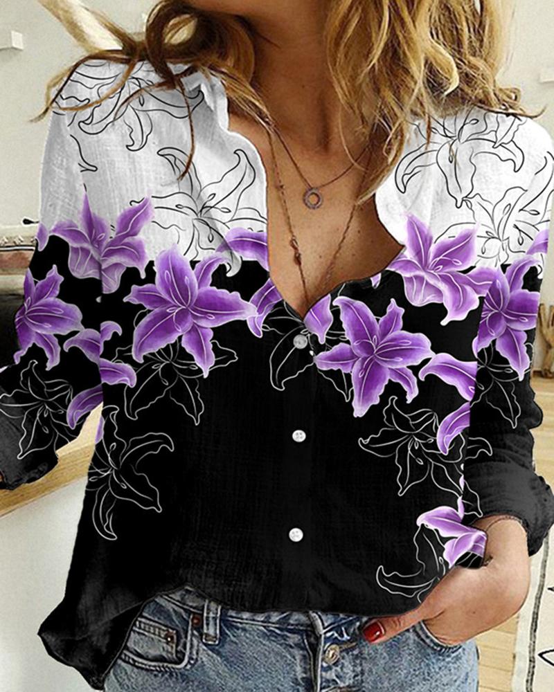 

Colorblock Floral Print Long Sleeve Buttoned Top, Purple