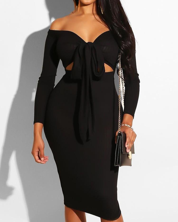 

Off Shoulder Knotted Front Cut Out Dress, Black