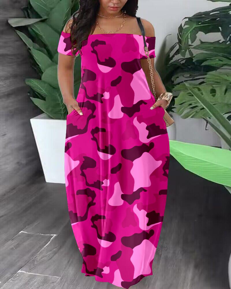 

Plus Size Camouflage Print Off Shoulder Maxi Dress, Rose red