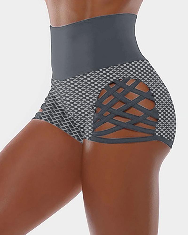 

Cutout Bandage High Waist Pant Solid Color Sport Short, Gray
