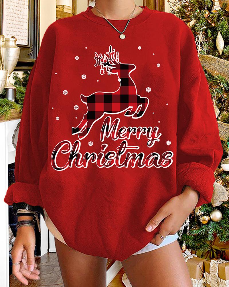 

Christmas O-neck Plaid Elk Print Sweatshirt, Black