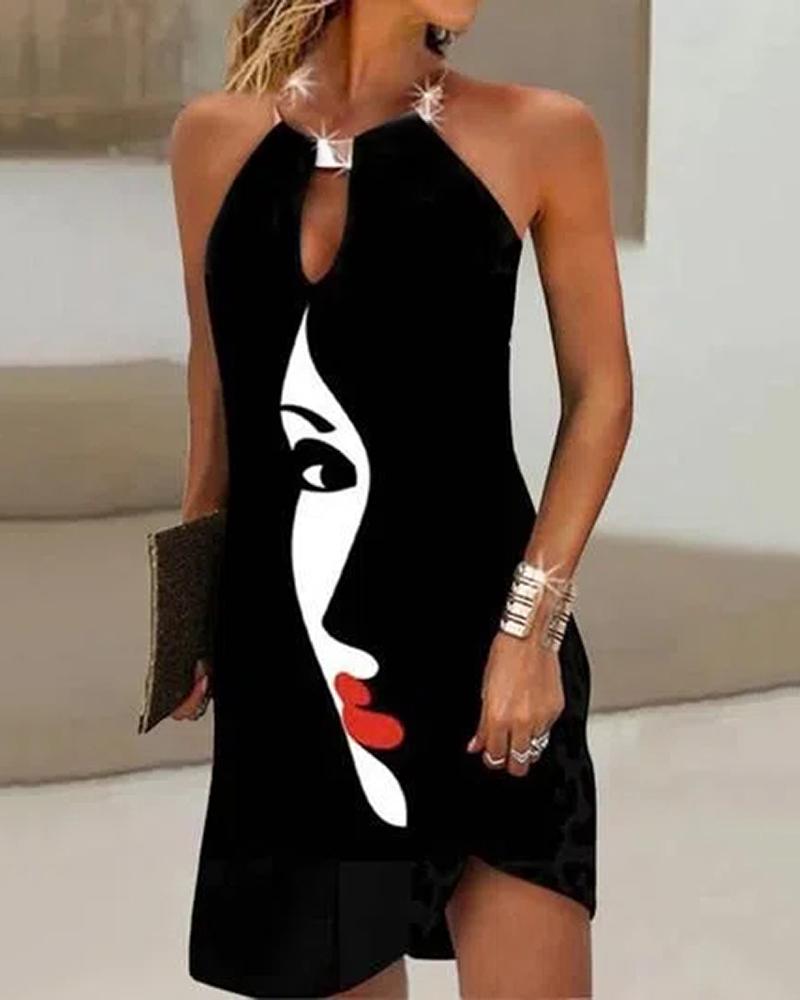 

Halter Figure Print Swing Dress, Black