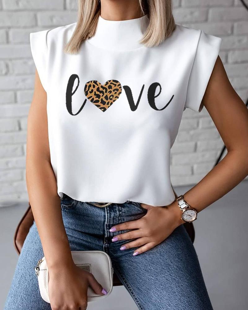 

Heart Cheetah Letter Print O Neck Top, White