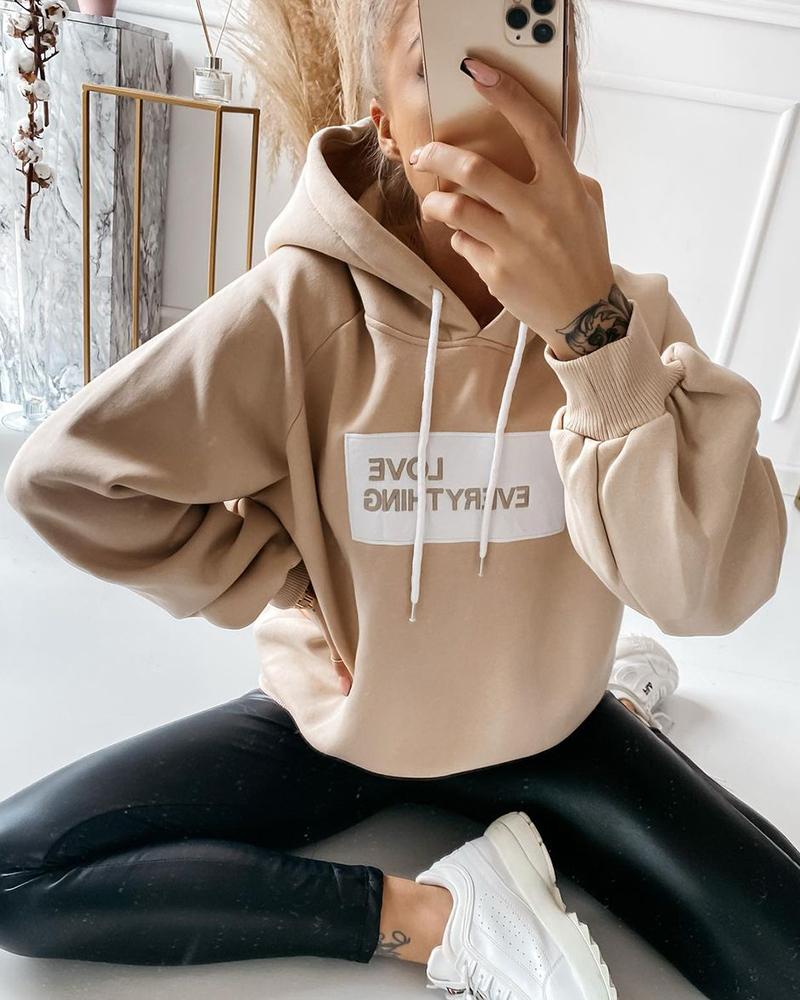 

Letter Print Long Sleeve Drawstring Hoodie, Brown