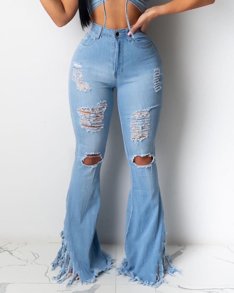 

Ripped Cutout Fringe Hem Bell-Bottom Casual Jeans, Lighted blue