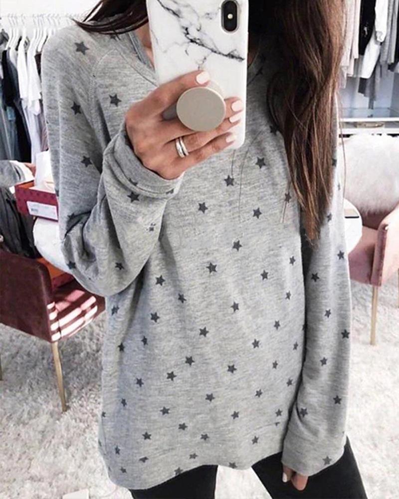 

Oversized Long Sleeve Star Pattern Top, Gray