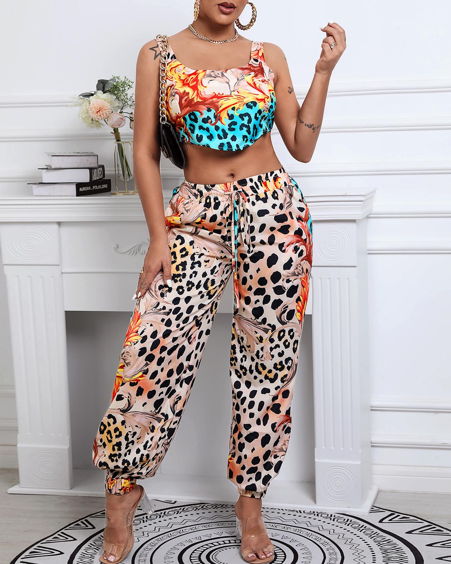 

Leopard Print Crop Top & High Waist Pants Set, Multicolor