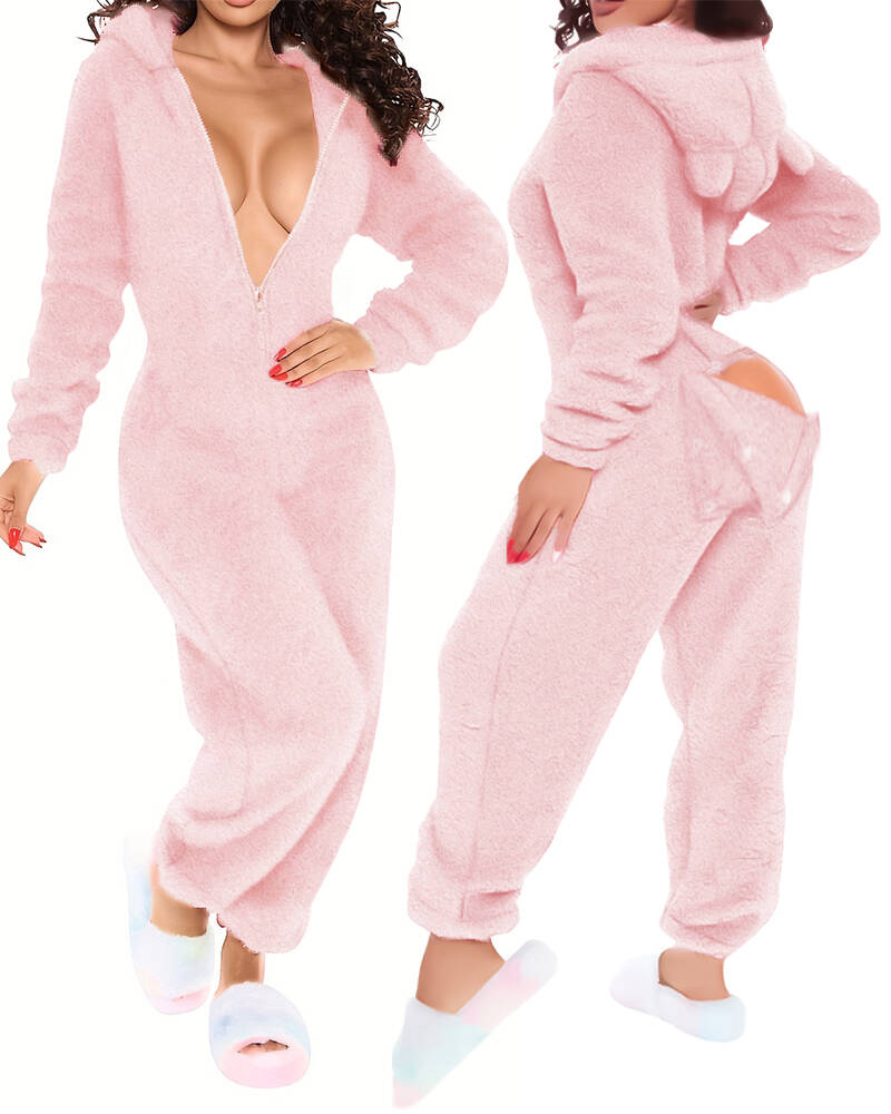 

3D Ear Buttoned Flap Functional Fluffy Lounge Jumpsuit, Pink