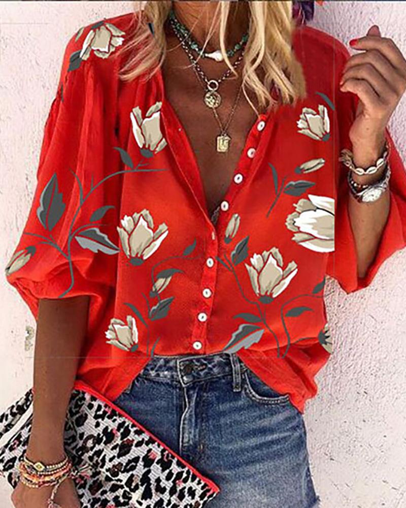 

Floral Print Button Front Lantern Sleeve Shirt, Red