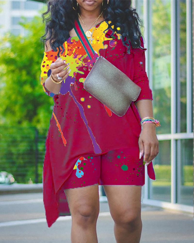 

Splash Ink Print Colorblock Long Sleeve Top & Shorts Set, Wine red