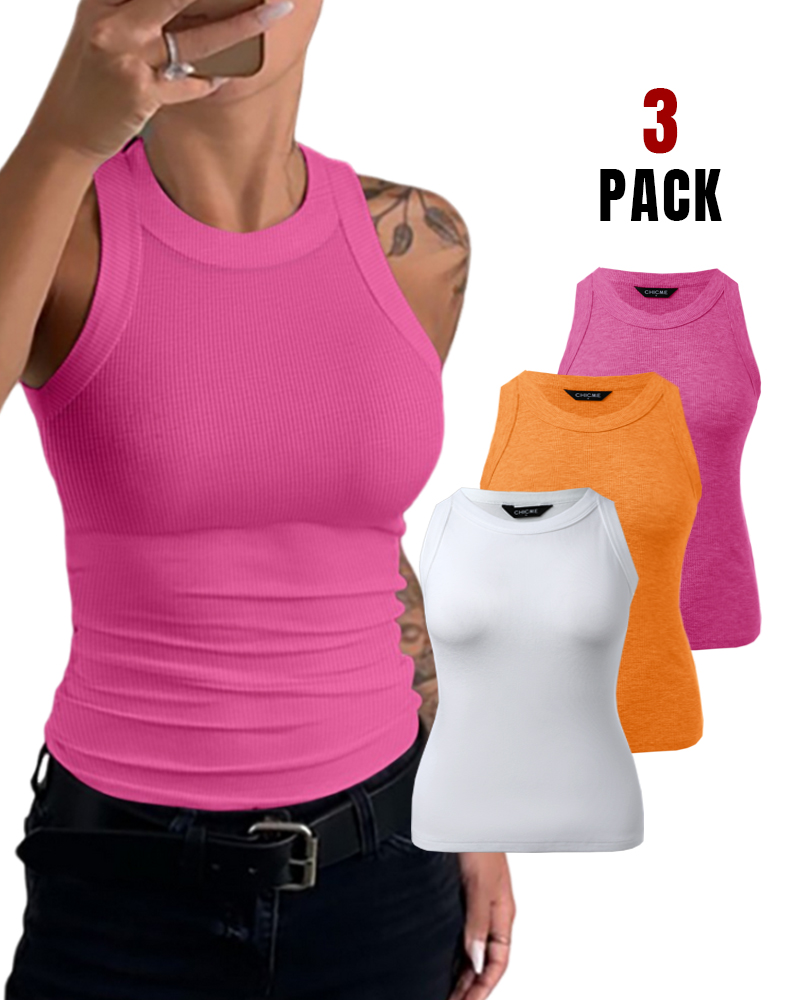 

3-Pack Knit Round Neck Thick Strap Racerback Tank Tops, Style7