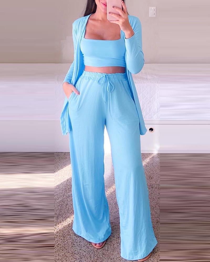 

Crop Cami Top & Wide Leg Pants With Coat, Blue