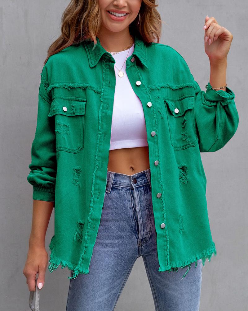

Raw Hem Pocket Design Denim Coat, Green