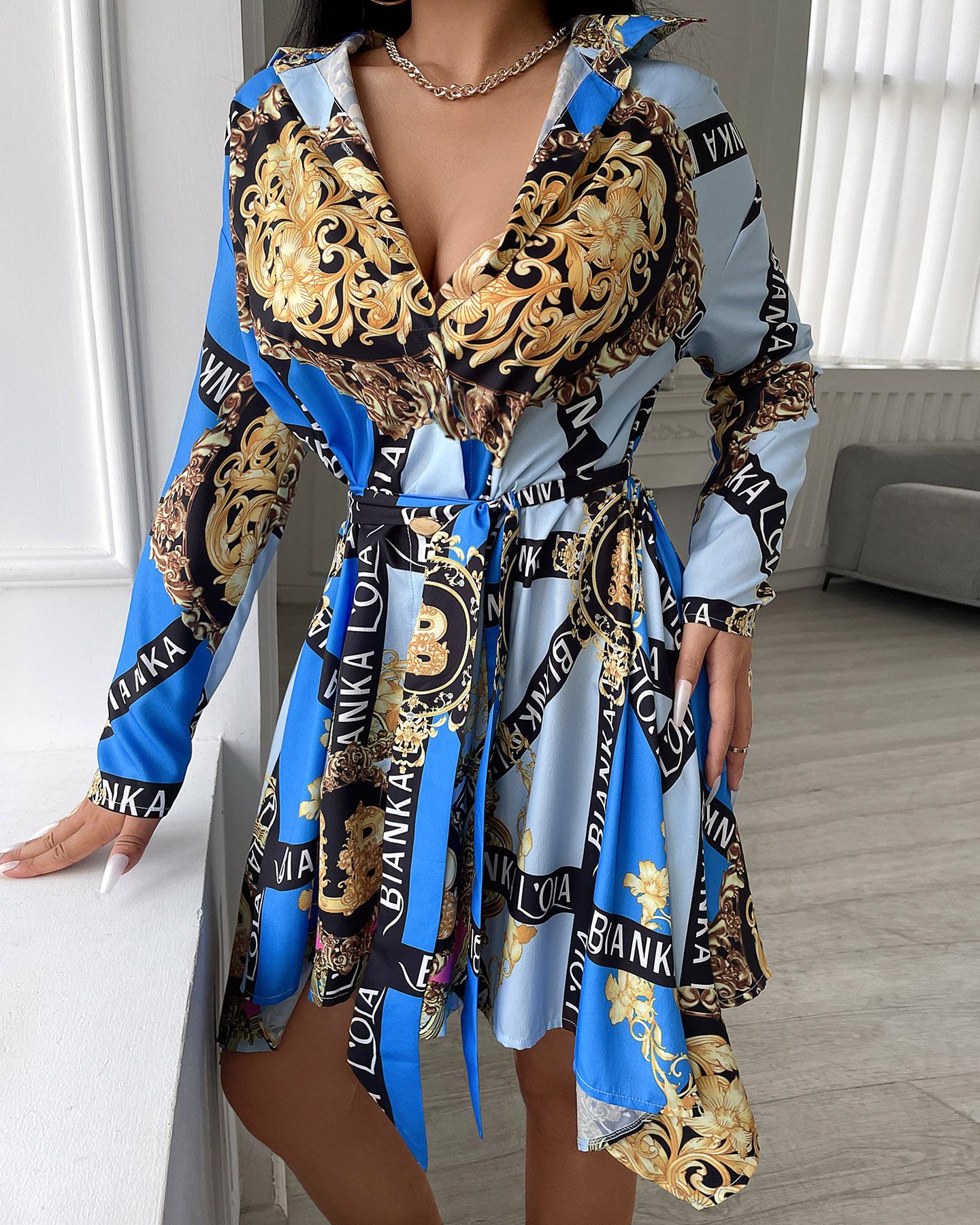 

Baroque Letter Print Button Front Long Sleeve Shirt Dress, Blue