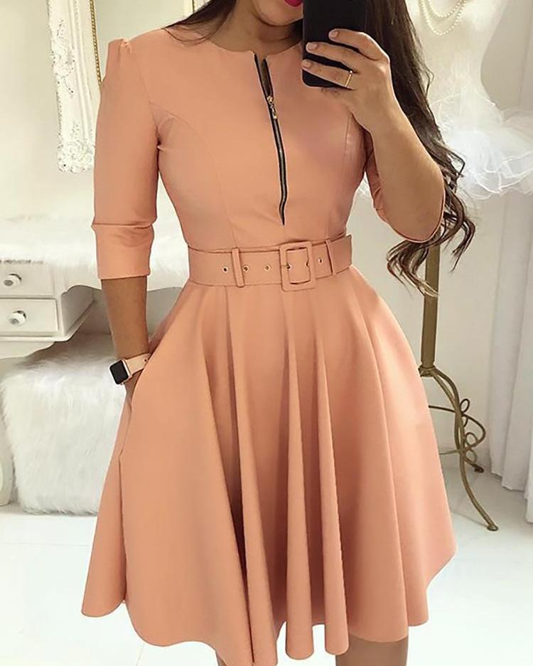 

Solid Zipper Up Belted Pleated Casual Dress, Pink