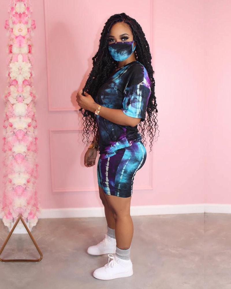 

Tie Dye Print V-neck Top & Shorts Set, Dark blue