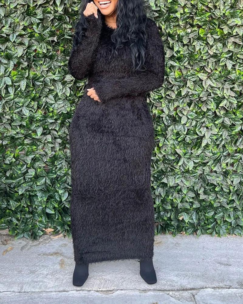 

Long Sleeve Fluffy Bodycon Dress, Black