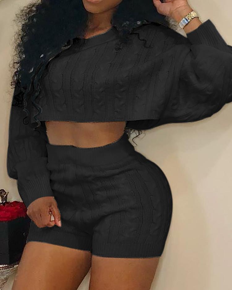 

Knitted Long Sleeve Crop Top & Shorts Sets, Black