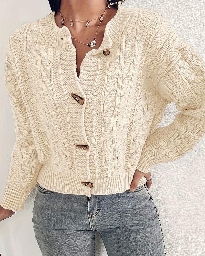 

Horn Toggle Button Braided Knit Sweater, Apricot