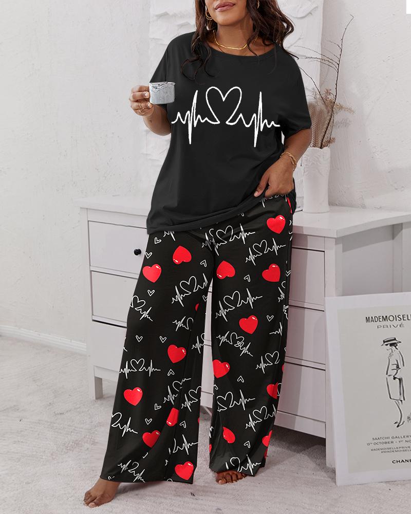 

Plus Size Letter Heart Print Wide Leg Pajamas Set, Black