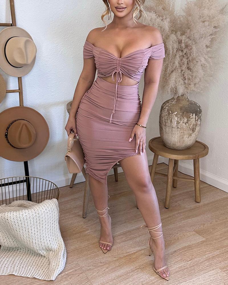 

Drawstring Ruched Cutout Off Shoulder Slit Bodycon Dress, Light purple