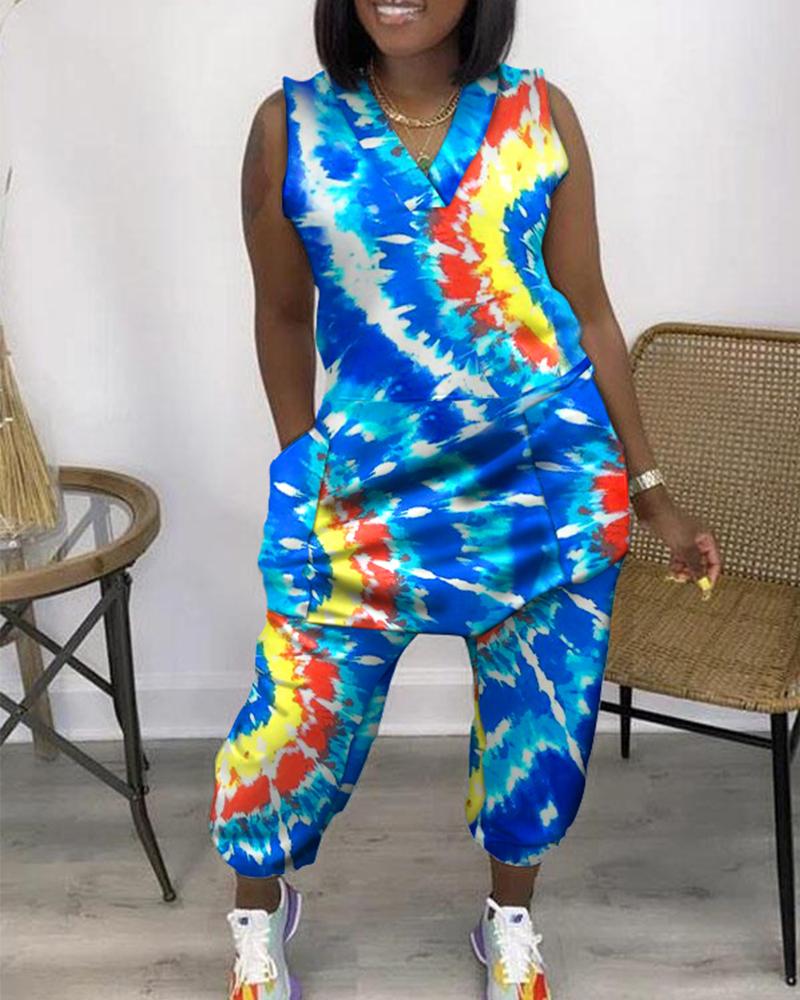 

Tie Dye Print Pocket Design Jumpsuit, Multicolor