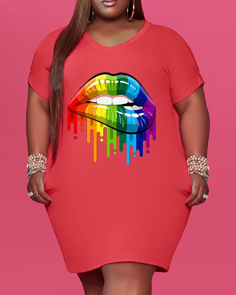 

Lip Print Short Sleeve T-shirt Dress, Red