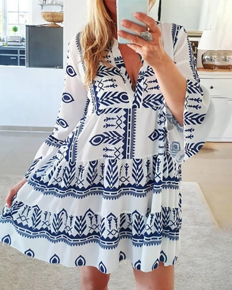 

Mixed Print Bell Sleeve Ruched Dress, White