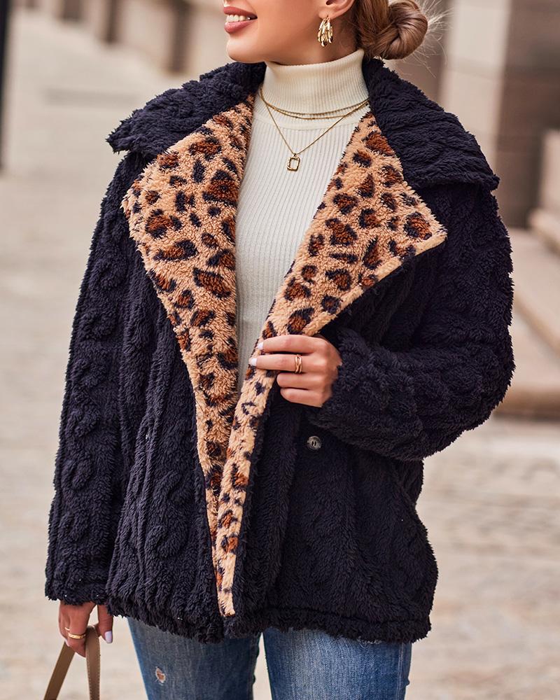 

Contrast Leopard Braid Textured Double Breasted Teddy Coat, Black